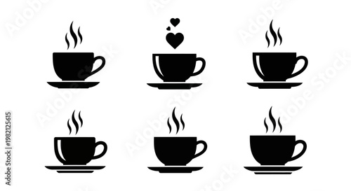 Six simple black silhouette icons of steaming coffee cups and saucers representing hot drinks and morning beverages