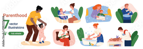 Parents with infants performing daily childcare activities such feeding, bathing, playing, reading, changing diapers, modern family parenthood scenes isolated on white background vector illustration