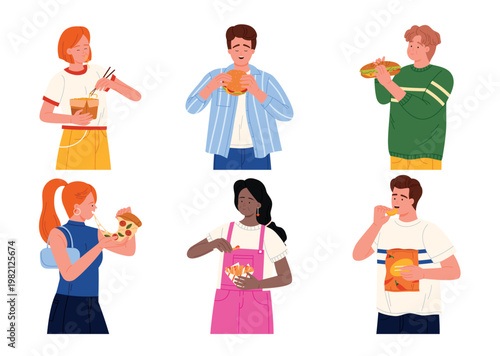 Group of young people enjoying fast food snacks like burgers, pizza, fries, noodles and chips, diverse characters eating unhealthy junk meals isolated on white background vector illustration