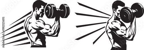 Man doing dumbbell curls and hammer curls with black and white line art hand drawn dumbbell exercise bodybuilding strength training illustration silhouette athletic lifestyle monochrome