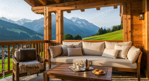 Luxury Mountain Retreat Balcony with Coffee and Stunning Alps View