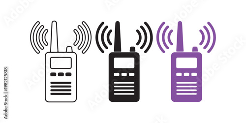 Vector illustration of three walkie talkies with signal waves in black, white and purple
