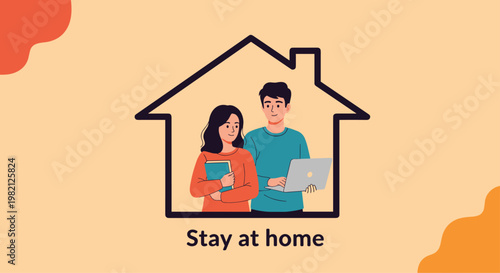 Meaningful illustration of a young couple studying and working together inside a simple house outline with Stay at home text.