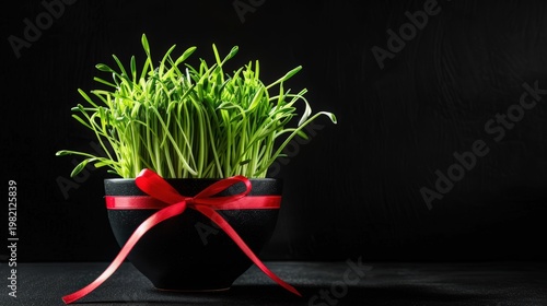 Closeup of Nowruz sabzeh fresh green wheat sprouts growing in black pot with red ribbon on dark background