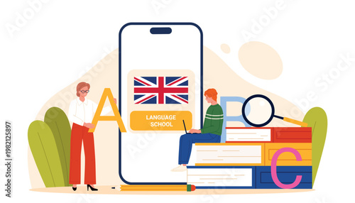 Online English language school with teacher, student using laptop, mobile app, books and alphabet letters for studying foreign languages, education and e-learning isolated vector illustration