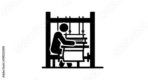 Weaver worker icon with loom machine silhouette,traditional textile production pictogram sign featuring
