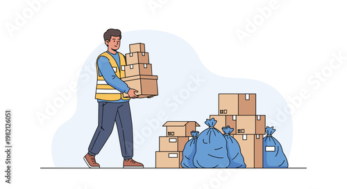 Dedicated delivery worker wearing a yellow safety vest carrying a heavy stack of cardboard boxes in a warehouse setting.