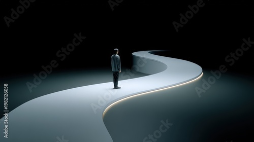 Lone person standing on glowing curved winding pathway in dark minimal space as concept of journey choice and direction