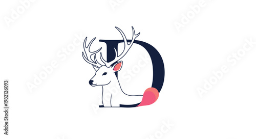 Artistic alphabet illustration featuring a graceful white deer head integrated within a large bold letter D with pink accents.