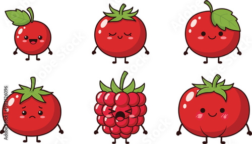 Cute Cartoon-Style Tomato and Raspberry Characters with Expressions for Playful Food Designs