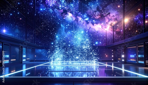 Room interior with galaxy scene visible through windows and a light show
