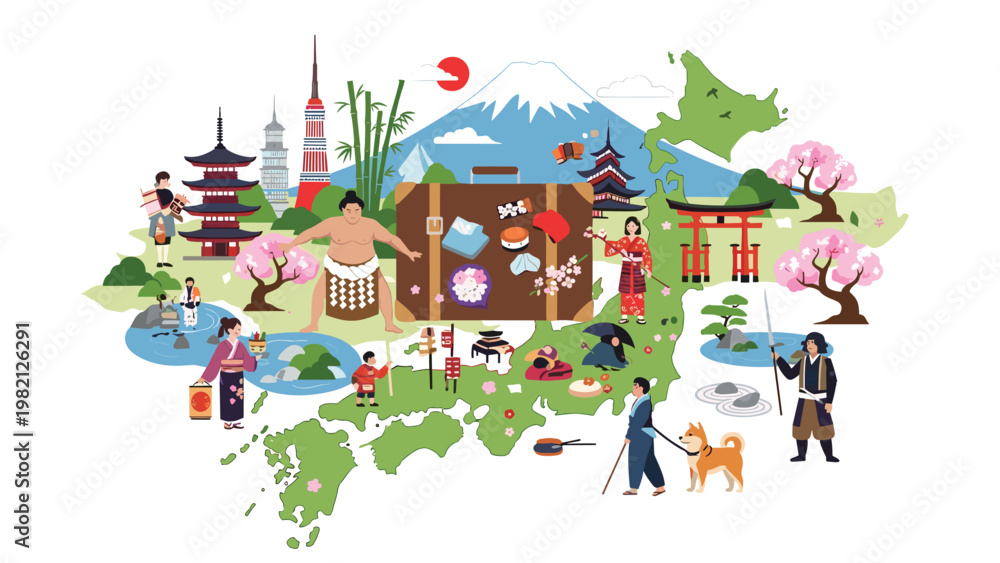 Fototapeta premium Vibrant map of Japan featuring iconic cultural landmarks and symbols like Mt Fuji and pagodas for travel and tourism themes.