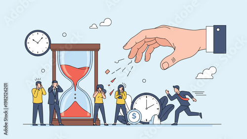 Office workers experiencing extreme stress and pressure under a giant hand as they rush to meet urgent project deadlines.