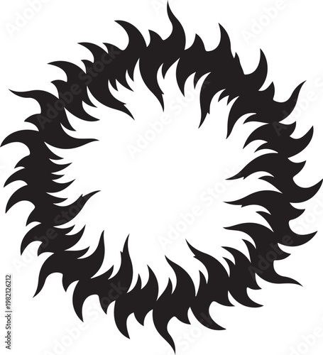 Black flame circle, fire burst, blaze emblem, vector icon
