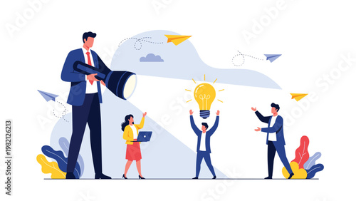 Corporate scout using a large flashlight to discover a talented employee with a bright lightbulb idea among team members.