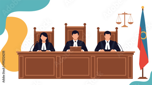 Three professional judges presiding over a courtroom trial with symbols of justice like scales and a national flag in the background.