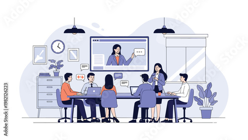 Business team participating in a hybrid meeting with a colleague presenting on a large screen via video conference software.