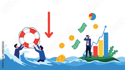 Diverse business people facing an economic crisis and market crash with falling currency symbols and a lifebuoy for rescue.
