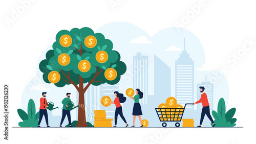 Successful investment concept showing people watering a money tree and gathering gold coins to represent financial prosperity.