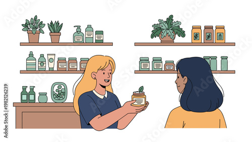 Friendly store assistant helping a customer choose a skin care product from well stocked shelves in a beauty boutique.
