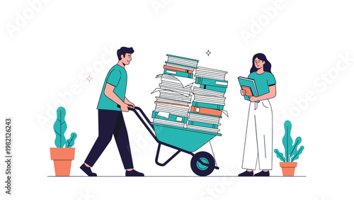 Office workers managing a massive pile of paperwork in a wheelbarrow representing bureaucracy and heavy documentation workloads.