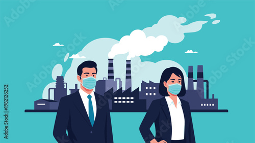 Professional couple wearing protective face masks in front of a polluting industrial factory to raise environmental awareness.