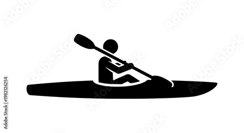 Kayaker paddling icon in black silhouette, minimalist flat pictogram for canoeing and rafting featuring