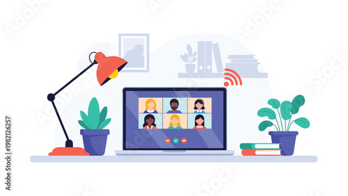 Organized workspace with a laptop displaying a multi participant video conference call for remote business communication and meetings.