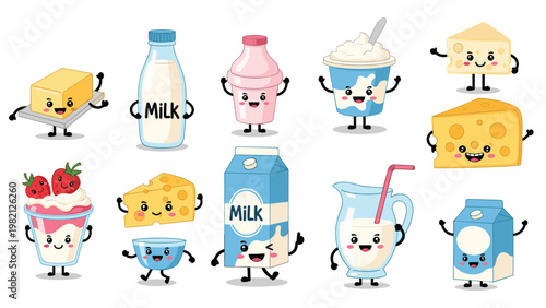 Collection of adorable cartoon dairy products with friendly faces including milk and cheese to appeal to children and healthy eating.
