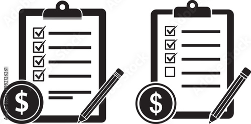 Two checklists with checkboxes dollar coins pencils todo list checklist clipboard checkbox unchecked business planning organization management document questionnaire feedback evaluation