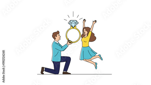Romantic marriage proposal where a man kneels before a jumping woman with a giant diamond ring icon representing love and commitment.