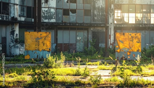 Dilapidated industrial building with weathered signage, overgrown with vegetation