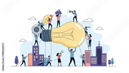 Group of diverse professional people collaborating in a city to construct a giant lightbulb symbolizing collective innovation.