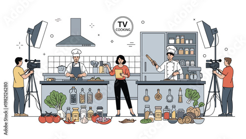 Behind the scenes of a professional television cooking show with chefs, a presenter, and a camera crew filming in a modern kitchen.
