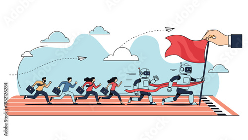 Futuristic race where advanced robots win the finish line ahead of business people to illustrate the impact of ai on competition.