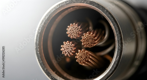 Macro Close Up of Stranded Copper Electrical Cables in Metal Connector