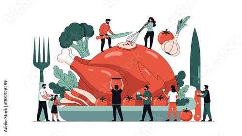 Creative concept showing tiny people preparing a giant roasted turkey with vegetables for a festive Thanksgiving or Christmas dinner.