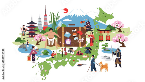 Vibrant map of Japan featuring iconic cultural landmarks and symbols like Mt Fuji and pagodas for travel and tourism themes.