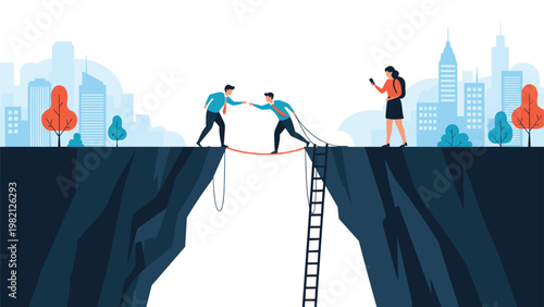 Business team overcoming obstacles by helping each other cross a dangerous chasm using a rope for teamwork and risk management.