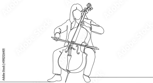 Cellist continuous line drawing with seated musician playing cello in minimalist outline style featuring