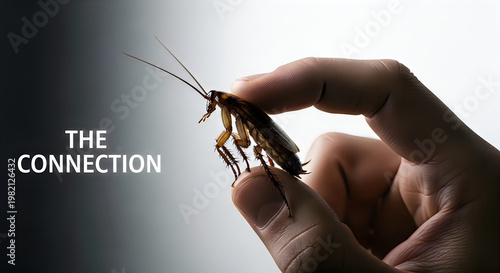 Macro image of hand holding cockroach with text The Connection