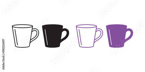 Four different colored coffee mugs in various line styles and solid colors