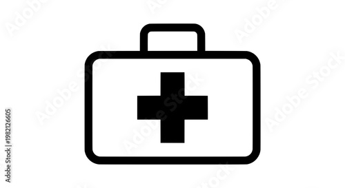 Medical kit icon with cross symbol and handle featuring first-aid, healthcare, black with white and