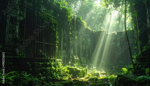 Sunlit ancient temple ruins, overgrown with lush vegetation