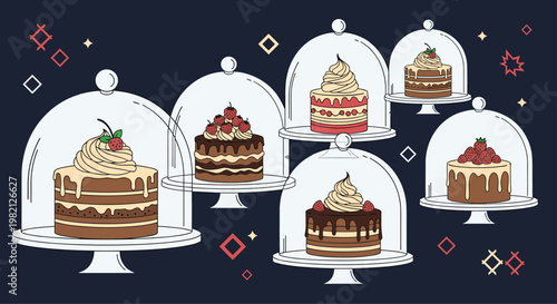 Assortment of delicious layer cakes topped with cream and berries displayed under elegant glass domes on a dark background.