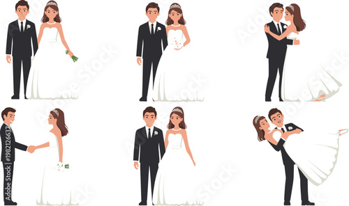 Happy wedding couple collection featuring bride and groom in various poses for marriage invitations and romantic ceremony celebration designs