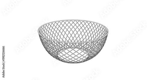 Basket wire mesh bowl outline with diamond lattice pattern, kitchen storage container isolated featuring
