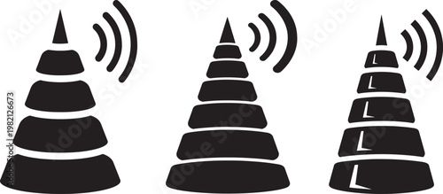 Three black illustrations of conical radio towers emitting signals with radio tower broadcasting station radio communication signal tower transmission tower radio wave broadcasting equipment