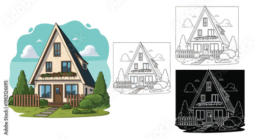 Various representations of a modern A-frame house including a colorful illustration, a simple outline, and a high-contrast version.