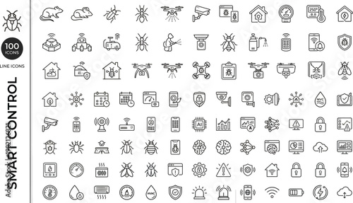 A collection of line icons depicting various smart home control concepts and devices. AI, eps, png, jpg. transparent background.